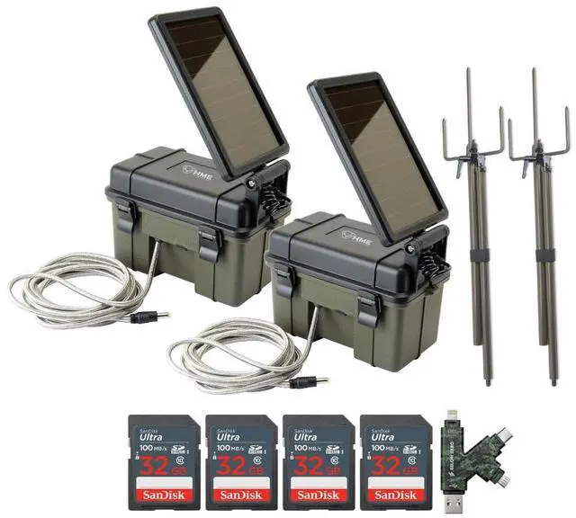 Main image of HME Trail Camera 12V with Solar Auxiliary Power Pack (2-Pack) Bundle with Trail Camera Mount Stick (2-Pack), 32GB Ultra SDHC UHS-I Memory Card (4-Pack), and SD USB 2.0 Card Reader (9 Items)