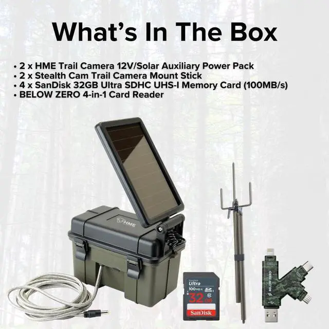 Alt view image 7 of 7 - HME Trail Camera 12V with Solar Auxiliary Power Pack (2-Pack) Bundle with Trail Camera Mount Stick (2-Pack), 32GB Ultra SDHC UHS-I Memory Card (4-Pack), and SD USB 2.0 Card Reader (9 Items)