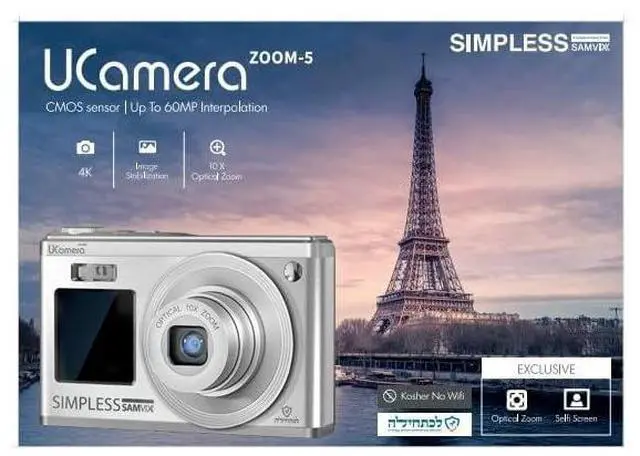 Alt view image 2 of 2 - Samvix UCamera Zoom 5 with Video (Silver) - Kosher Digital Camera 10x Optical Zoom and 4K Recording