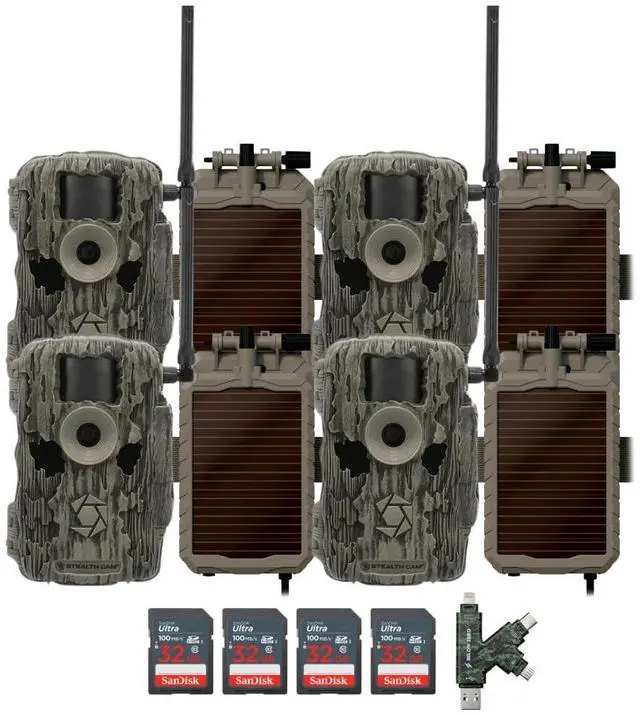 Main image of Stealth Cam 36MP Fusion Max Cellular Trail Camera (4-Pack) Bundle with 4x Lithium Solar Power Panel, 4x 32GB Memory Card, and Card Reader (13 Items)