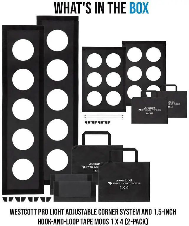 Alt view image 7 of 7 - Westcott Pro Light Adjustable Corner System and 1.5-Inch Hook-And-Loop Tape Mods 1 x 4 (2-Pack) Bundle with Westcott Pro Light Adjustable Corner System and Tape Mods 2 x 3 (Standard, 2-Pack) (2 Items)