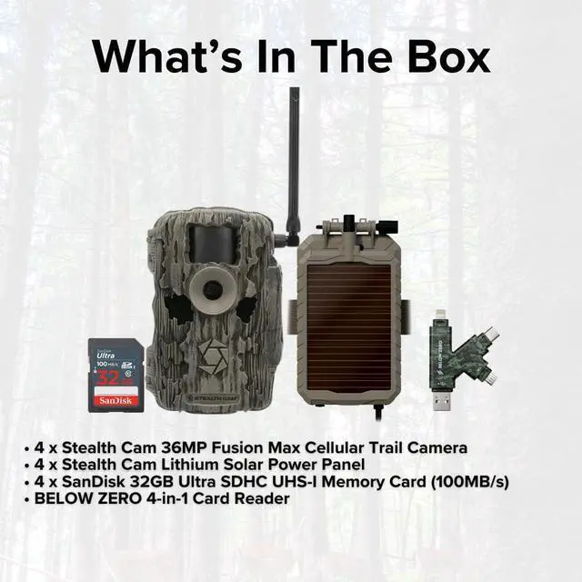 Alt view image 6 of 7 - Stealth Cam 36MP Fusion Max Cellular Trail Camera (4-Pack) Bundle with 4x Lithium Solar Power Panel, 4x 32GB Memory Card, and Card Reader (13 Items)