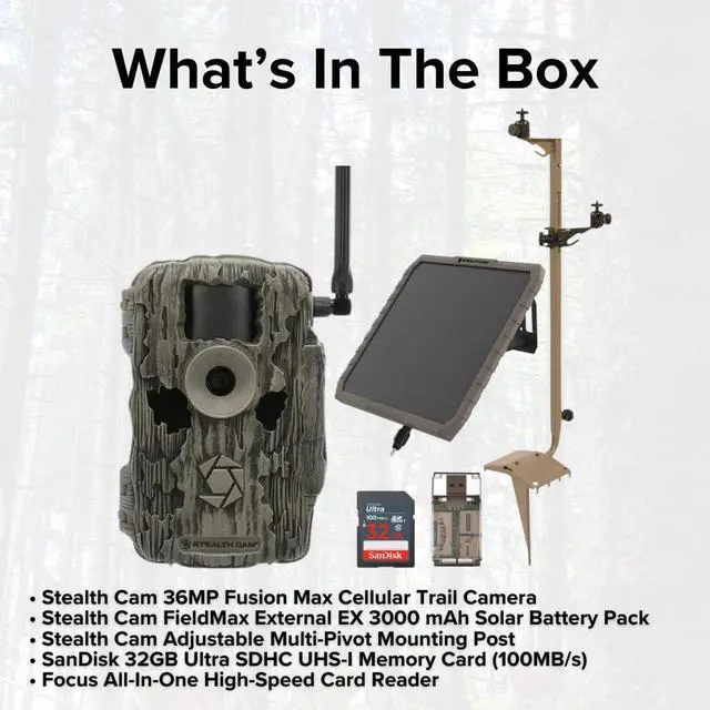 Alt view image 6 of 7 - Stealth Cam 36MP Fusion Max Cellular Trail Camera with Infrared Flash Bundle with Stealth Cam Solar Battery Pack, Mounting Post, 32GB Memory Card, and Card Reader (5 Items)