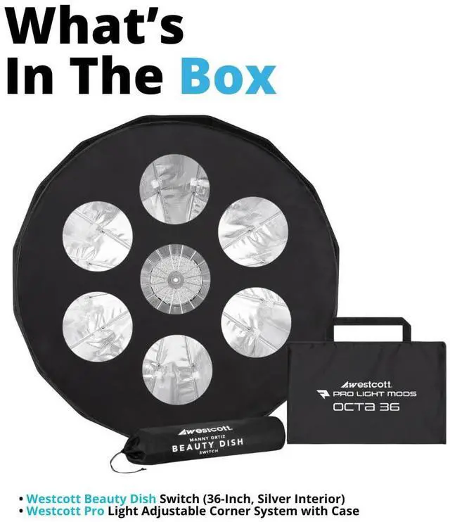 Alt view image 7 of 7 - Westcott Beauty Dish Switch (36-Inch, Silver Interior) Bundle with Pro Light Adjustable Corner System and Hook-and-Loop Tape Lining Mods Octa 36 with Case (2 Items)