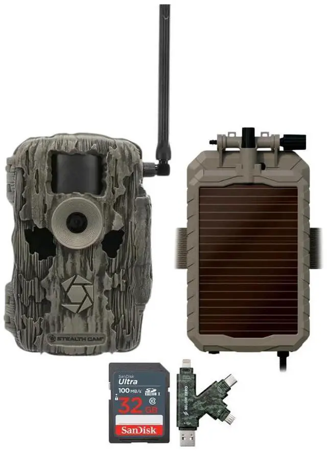 Main image of Stealth Cam 36MP Fusion Max Cellular Trail Camera Bundle with Lithium Solar Power Panel, 32GB Memory Card, and Card Reader (4 Items)