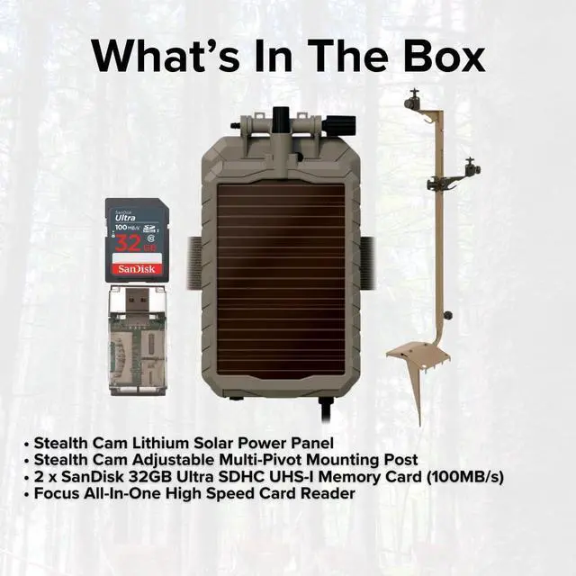 Alt view image 6 of 6 - Stealth Cam Adjustable Multi-Pivot Mounting Post for Trail Camera and Battery Bundle with Stealth Cam Lithium Solar Power Panel, 32GB Memory Card (2-Pack), and SD Card Reader USB 2.0 (5 Items)