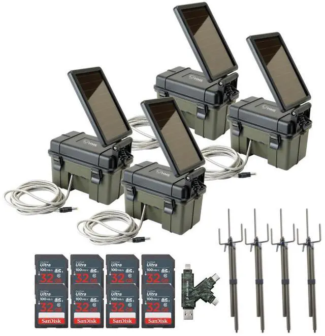Main image of HME Trail Camera 12V with Solar Auxiliary Power Pack (4-Pack) Bundle with Trail Camera Mount Stick (4-Pack), 32GB Ultra SDHC UHS-I Memory Card (8-Pack), and SD USB 2.0 Card Reader (17 Items)