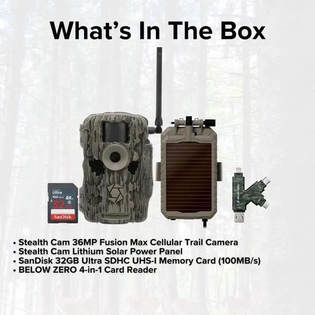Alt view image 6 of 7 - Stealth Cam 36MP Fusion Max Cellular Trail Camera Bundle with Lithium Solar Power Panel, 32GB Memory Card, and Card Reader (4 Items)