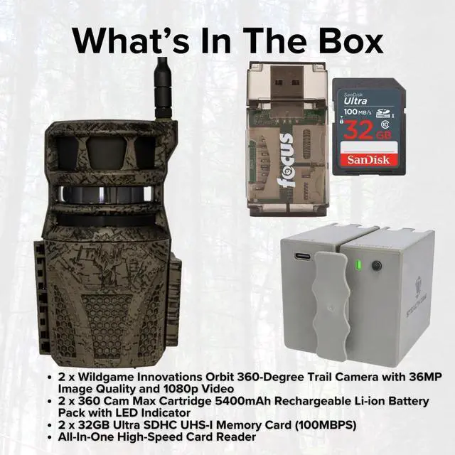 Alt view image 7 of 7 - Wildgame Innovations Orbit 360-Degree 36MP Trail Camera (2-Pack) Bundle with 2 x 5400mAh Cartridge Rechargeable Battery, 2 x 32GB Memory Card, and Card Reader (7 Items)