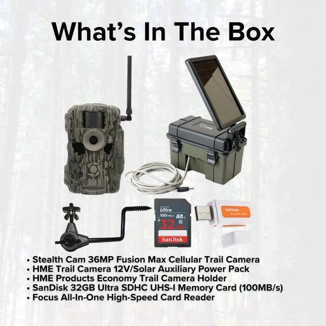 Alt view image 6 of 7 - Stealth Cam 36MP Fusion Max Cellular Trail Camera with 80 Feet Detection Range Bundle with Solar Power Pack, Camera Holder, 32GB Memory Card, and USB 2.0 Card Reader (5 Items)