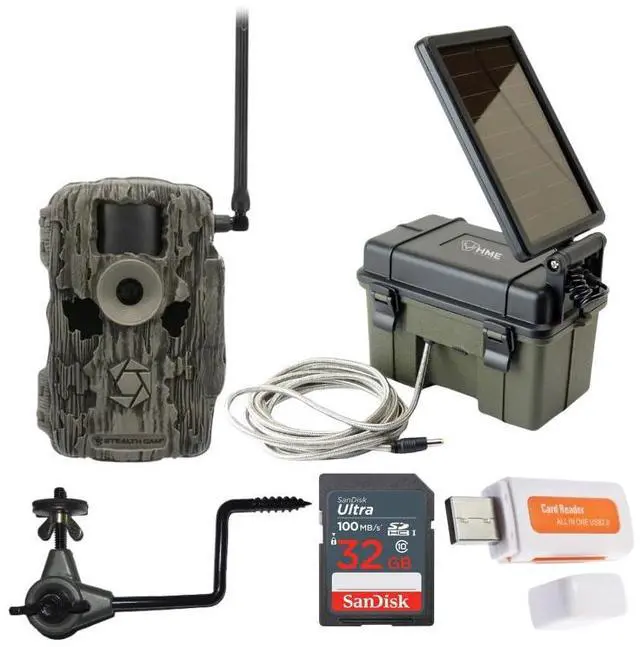 Main image of Stealth Cam 36MP Fusion Max Cellular Trail Camera with 80 Feet Detection Range Bundle with Solar Power Pack, Camera Holder, 32GB Memory Card, and USB 2.0 Card Reader (5 Items)