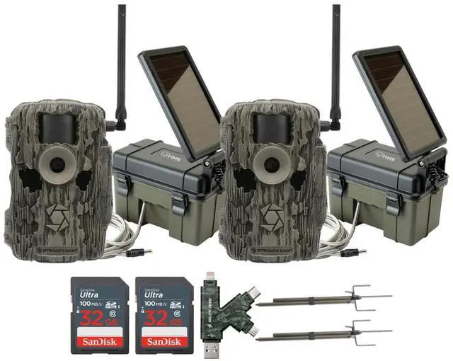 Main image of Stealth Cam 36MP Fusion Max Cellular Trail Camera (2-Pack) Bundle with Solar Power Pack (2-Pack), Trail Camera Mount Stick (2-Pack), 32GB Memory Card (2-Pack), and USB 2.0 Card Reader (9 Items)