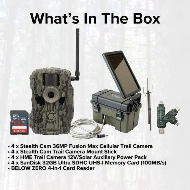 Alt view image 7 of 7 - Stealth Cam 36MP Fusion Max Cellular Trail Camera (4-Pack) Bundle with Solar Power Pack (4-Pack), Trail Camera Mount Stick (4-Pack), 32GB Memory Card (4-Pack), and USB 2.0 Card Reader (17 Items)