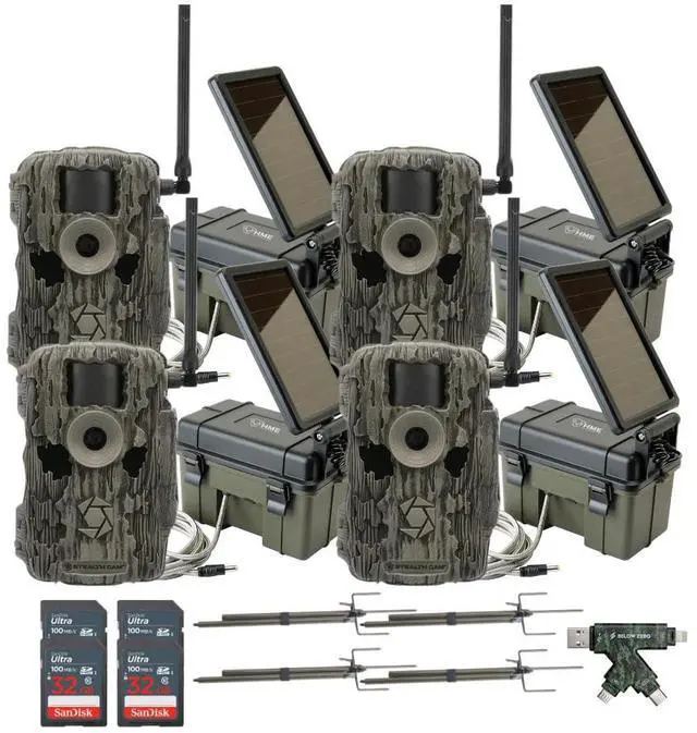 Main image of Stealth Cam 36MP Fusion Max Cellular Trail Camera (4-Pack) Bundle with Solar Power Pack (4-Pack), Trail Camera Mount Stick (4-Pack), 32GB Memory Card (4-Pack), and USB 2.0 Card Reader (17 Items)