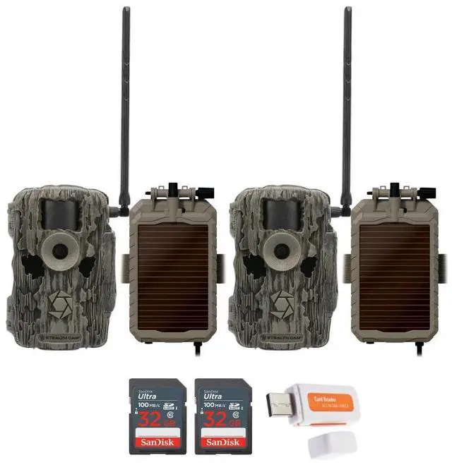 Main image of Stealth Cam 36MP Fusion Max Cellular Trail Camera with 80 Feet Detection Range (2-Pack) Bundle with Battery Pack, Solar Panel, and Cable (2-Pack), 32GB Memory Card (2-Pack), and Card Reader (7 Items)