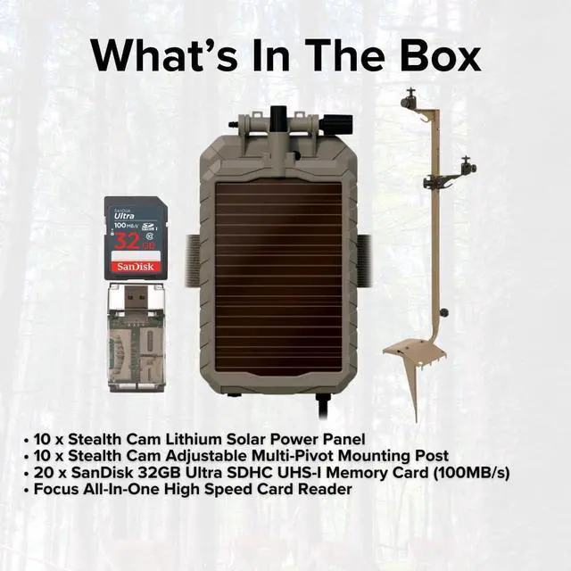 Alt view image 6 of 6 - Stealth Cam Adjustable Multi-Pivot Mounting Post for Trail Camera and Battery (10-Pack) Bundle with Lithium Solar Power Panel (10-Pack), 32GB Memory Card (20-Pack), and SD Card Reader (41 Items)