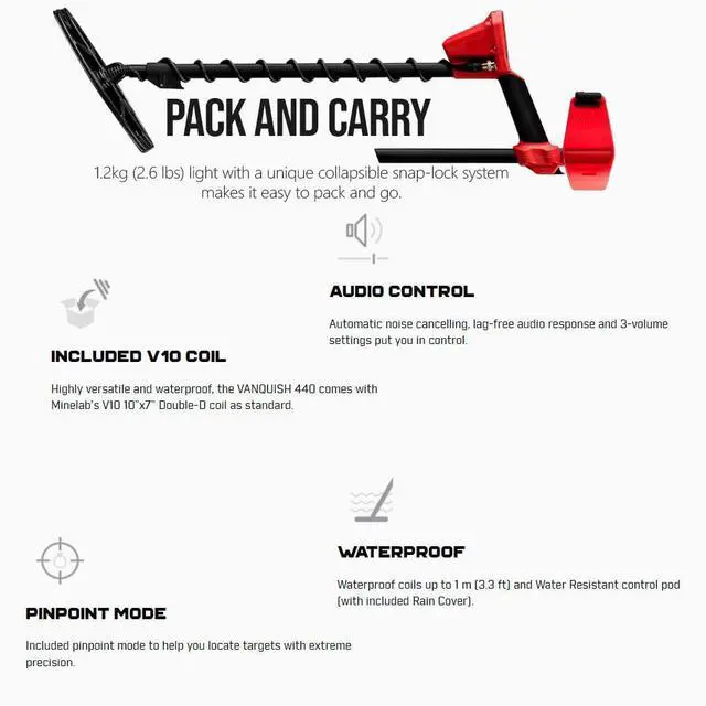 Alt view image 6 of 7 - Minelab Vanquish 440 Powerful, Accurate, and Lightweight Metal Detector Bundle with Minelab Pro-Find 20 Pinpointer (2 Items)