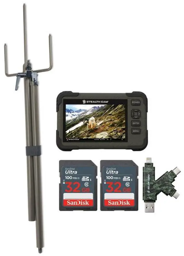 Main image of Stealth Cam SD Card Reader and Viewer with 4.3-Inch LCD Touchscreen and Touch Detection Bundle with Stealth Cam Trail Camera Mount Stick, 32GB Memory Card (2-Pack), and Reader and Writer (5 Items)