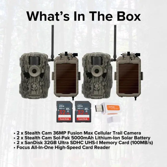 Alt view image 6 of 7 - Stealth Cam 36MP Fusion Max Cellular Trail Camera with 80 Feet Detection Range (2-Pack) Bundle with Battery Pack, Solar Panel, and Cable (2-Pack), 32GB Memory Card (2-Pack), and Card Reader (7 Items)