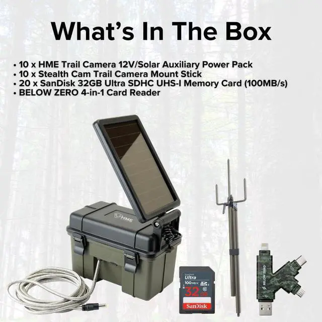 Alt view image 7 of 7 - HME Trail Camera 12V with Solar Auxiliary Power Pack (10-Pack) Bundle with Trail Camera Mount Stick (10-Pack), 32GB Ultra SDHC UHS-I Memory Card (20-Pack), and SD USB 2.0 Card Reader (41 Items)