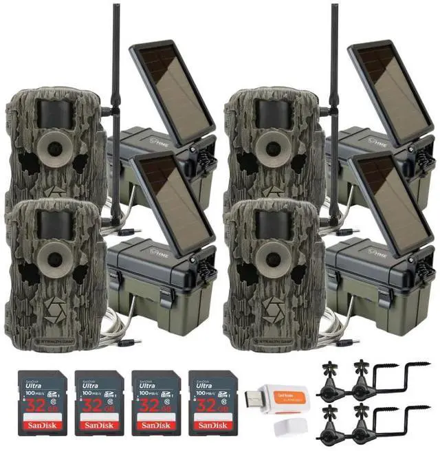 Main image of Stealth Cam 36MP Fusion Max Cellular Trail Camera with 80 Feet Detection Range (4-Pack) Bundle with 4x Solar Power Pack, 4x Camera Holder, 4x 32GB Memory Card, and Card Reader (17 Items)