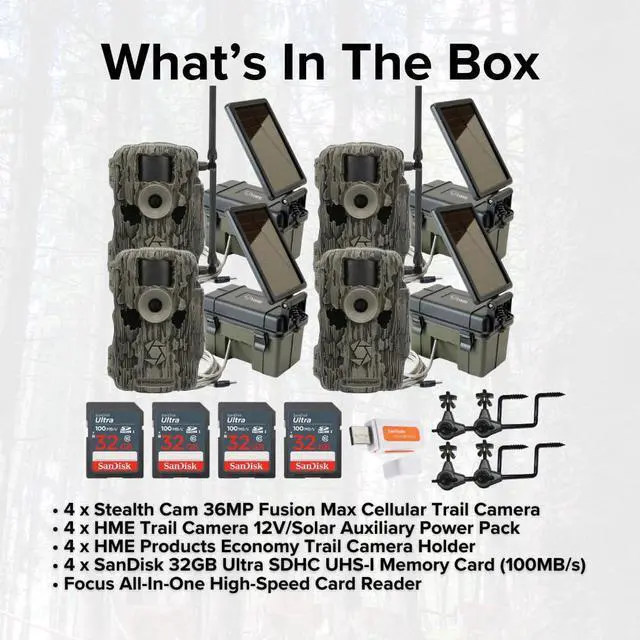 Alt view image 6 of 7 - Stealth Cam 36MP Fusion Max Cellular Trail Camera with 80 Feet Detection Range (4-Pack) Bundle with 4x Solar Power Pack, 4x Camera Holder, 4x 32GB Memory Card, and Card Reader (17 Items)