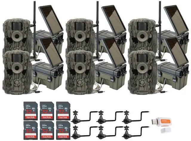 Main image of Stealth Cam 36MP Fusion Max Cellular Trail Camera with 80 Feet Detection Range (6-Pack) Bundle with 6x Solar Power Pack, 6x Camera Holder, 6x 32GB Memory Card, and Card Reader (25 Items)