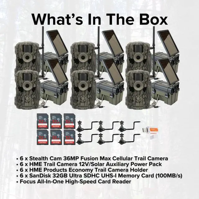 Alt view image 6 of 7 - Stealth Cam 36MP Fusion Max Cellular Trail Camera with 80 Feet Detection Range (6-Pack) Bundle with 6x Solar Power Pack, 6x Camera Holder, 6x 32GB Memory Card, and Card Reader (25 Items)