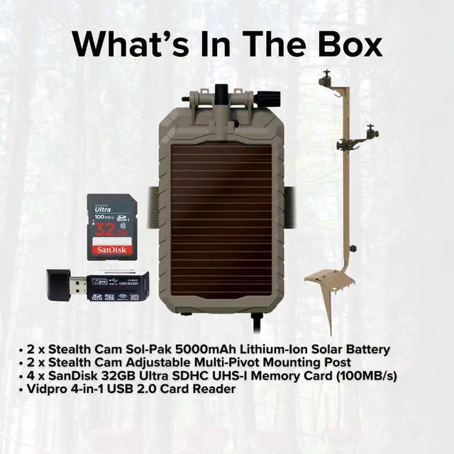 Alt view image 6 of 6 - Stealth Cam Adjustable Multi-Pivot Mounting Post (2-Pack) Bundle with Sol-Pak 5000mAh Lithium-Ion Solar Battery (2-Pack), Card Reader, and 32GB Memory Card (4-Pack) (9 Items)