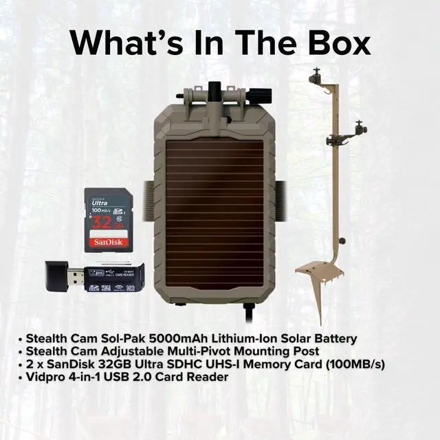 Alt view image 6 of 6 - Stealth Cam Adjustable Multi-Pivot Mounting Post for Trail Camera Bundle with Sol-Pak 5000mAh Lithium-Ion Solar Battery, 4-In-1 USB Card Reader, and 32GB Memory Card (2-Pack) (5 Items)