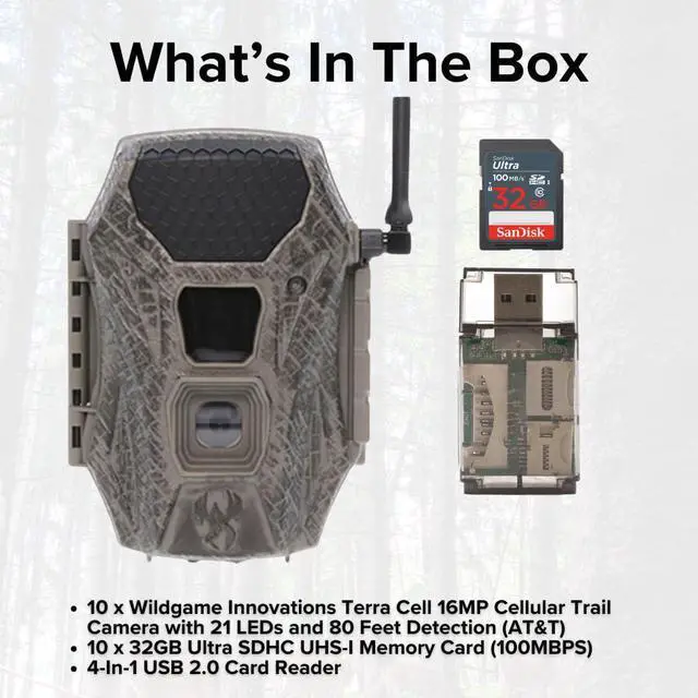 Alt view image 7 of 7 - Wildgame Innovations Terra Cell 16MP Cellular Trail Camera (10-Pack) Bundle with 32GB Ultra SDHC UHS-I Memory Card (10-Pack) and USB Card Reader (21 Items)