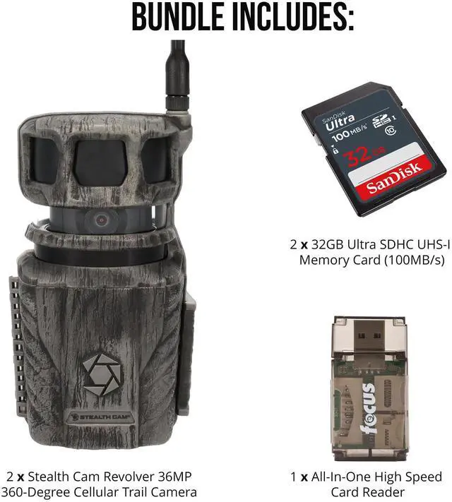 Alt view image 6 of 6 - Stealth Cam Revolver 36MP 360 Degree Cellular Trail Camera 2-Pack with Two 32GB Memory Cards and Card Reader (5 Items)