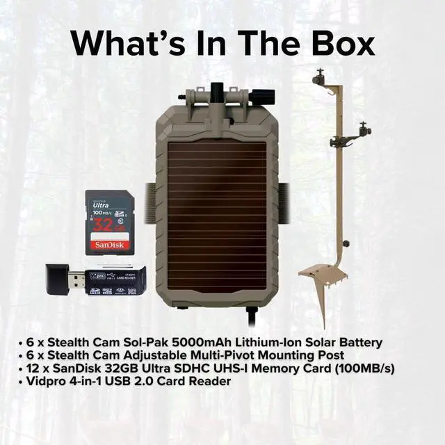 Alt view image 6 of 6 - Stealth Cam Adjustable Multi-Pivot Mounting Post (6-Pack) Bundle with Sol-Pak 5000mAh Lithium-Ion Solar Battery (6-Pack), Card Reader, and 32GB Memory Card (12-Pack) (25 Items)