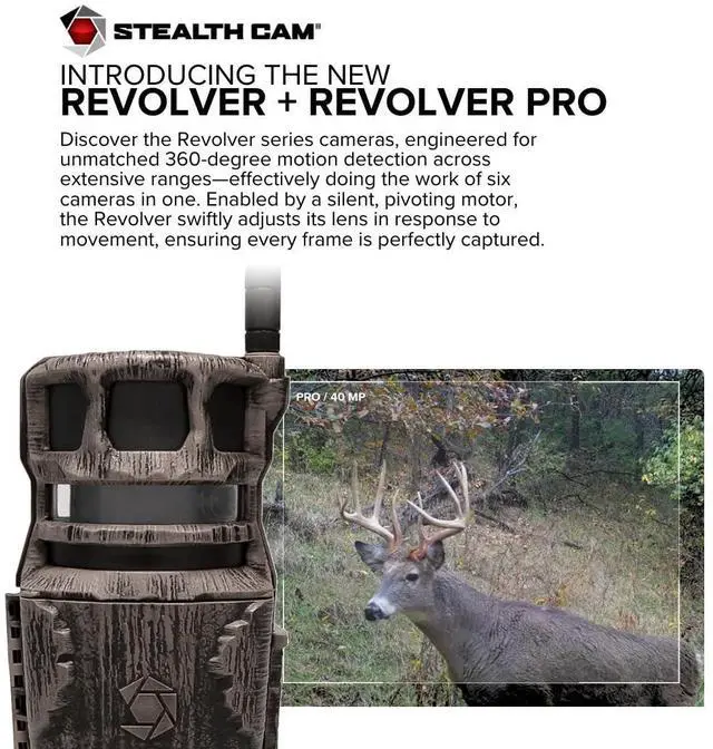 Alt view image 3 of 7 - Stealth Cam Revolver 40MP Pro 360-Degree Cellular Trail Camera (4-Pack) Bundle with 4 x 5400mAh Battery, 4 x 32GB Memory Card, and Card Reader (13 Items)