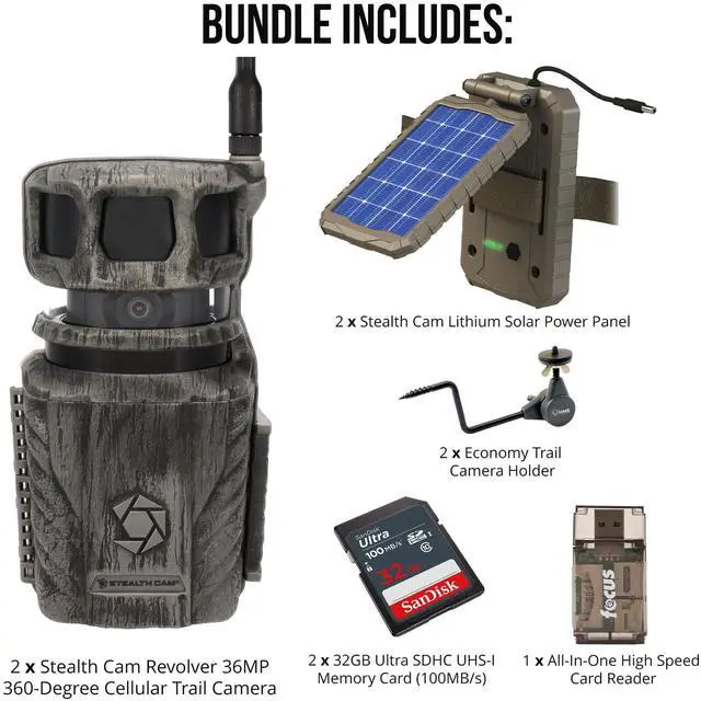 Alt view image 2 of 3 - Stealth Cam Revolver 36MP 360-Degree Cellular Trail Camera with 1/4-Inch Threaded Mount (2-Pack) Bundle with Stealth Cam Power Panel (2-Pack), Holder (3-Pack), Card (2-Pack) and Reader (10 Items)