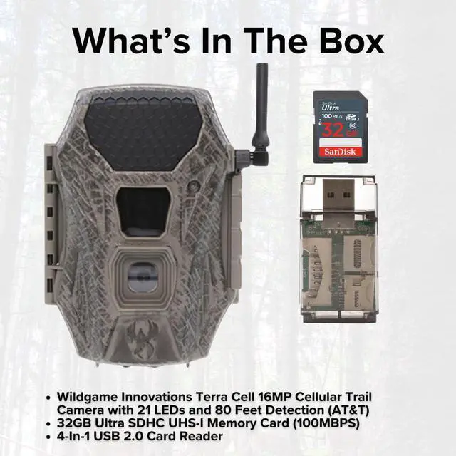Alt view image 7 of 7 - Wildgame Innovations Terra Cell 16MP Cellular Trail Camera Bundle with 32GB Ultra SDHC UHS-I Memory Card and USB Card Reader (3 Items)