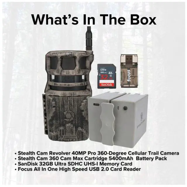 Alt view image 7 of 7 - Stealth Cam Revolver 40MP Pro 360-Degree Cellular Trail Camera with 0.25-Inch Threaded Mount Bundle with 5400mAh Rechargeable Li Battery Pack, 32GB Memory Card, and Card Reader (4 Items)