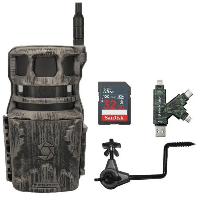Main image of Stealth Cam Revolver 40MP Pro 360-Degree Cellular Trail Camera with 0.25-Inch Threaded Mount Bundle with Economy Trail Camera Holder, 32GB UHS-I Memory Card, and SD Card Reader (4 Items)