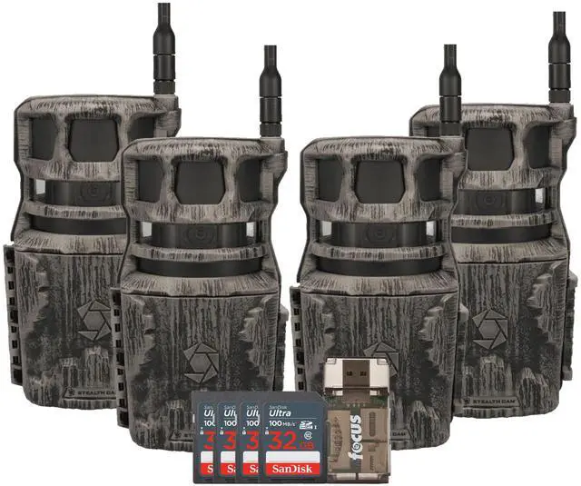 Main image of Stealth Cam Revolver 40MP Pro 360 Degree Cellular Trail Camera 4-Pack with Four 32GB Memory Cards and Card Reader (9 Items)