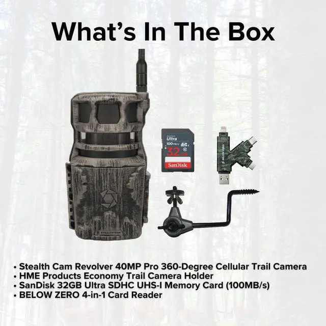 Alt view image 7 of 7 - Stealth Cam Revolver 40MP Pro 360-Degree Cellular Trail Camera with 0.25-Inch Threaded Mount Bundle with Economy Trail Camera Holder, 32GB UHS-I Memory Card, and SD Card Reader (4 Items)