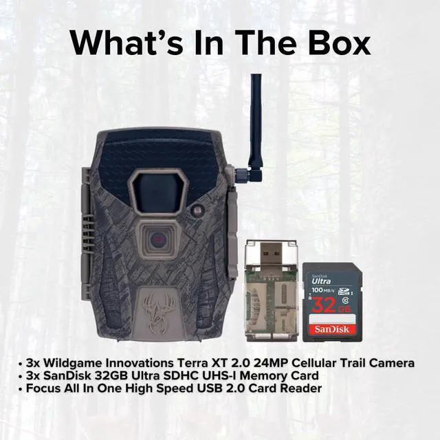 Alt view image 7 of 7 - Wildgame Innovations Terra XT 2.0 24MP Three Cellular Trail Cameras Bundle with 32GB Ultra SDHC UHS-I Memory Card (100MBps) (3-Pack), and All-In-One High-Speed Card Reader (5 Items)