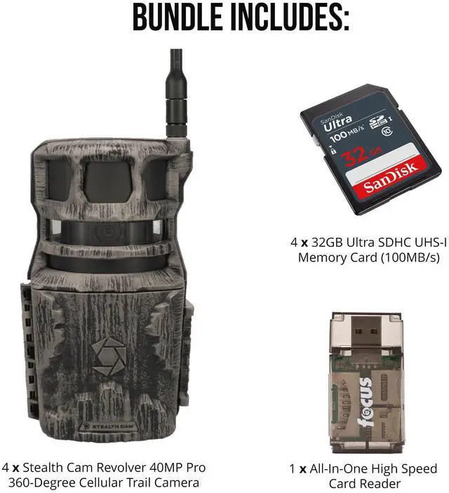 Alt view image 2 of 3 - Stealth Cam Revolver 40MP Pro 360 Degree Cellular Trail Camera 4-Pack with Four 32GB Memory Cards and Card Reader (9 Items)