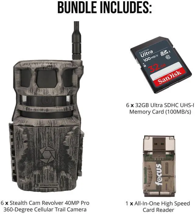 Alt view image 6 of 7 - Stealth Cam Revolver 40MP Pro 360 Degree Cellular Trail Camera 6-Pack with Six 32GB Memory Cards and Card Reader (13 Items)