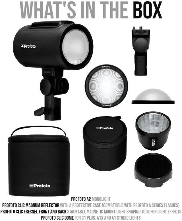 Alt view image 7 of 7 - Profoto A2 Monolight Bundle with Profoto Clic Magnum Reflector with Protective Case, Profoto Clic Fresnel Front and Back Stackable Magnetic Mount Light Shaping Tool, and Profoto Clic Dome (4 Items)
