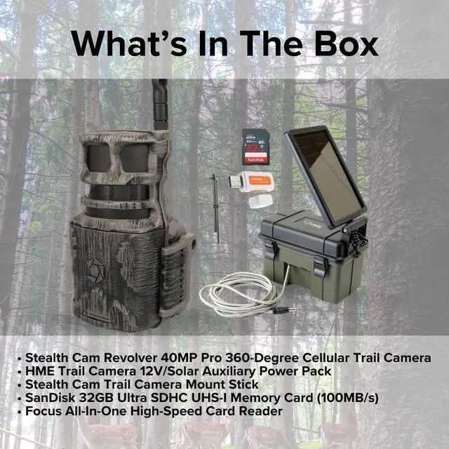 Alt view image 6 of 7 - Stealth Cam Revolver 40MP Pro 360-Degree Cellular Trail Camera Bundle with Trail Camera 12V, Trail Camera Mount Stick, 32GB Ultra SDHC UHS-I Memory Card, and USB 2.0 Card Reader (5 Items)