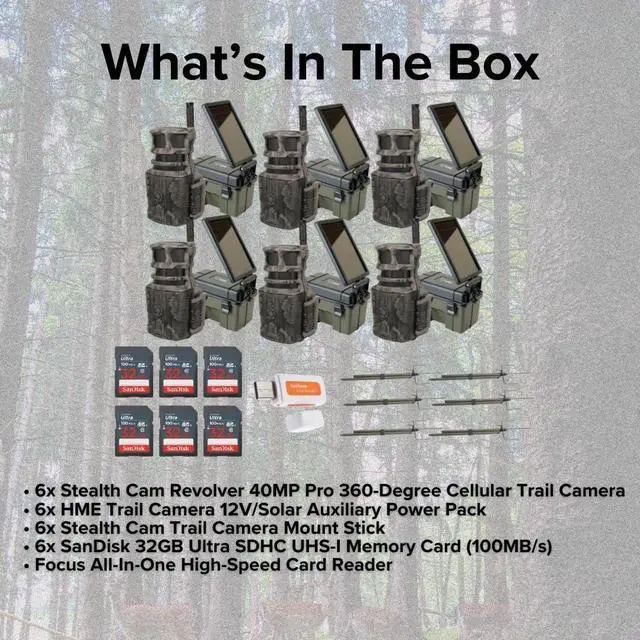 Alt view image 6 of 6 - Stealth Cam Revolver 40MP Pro 360-Degree Cellular Trail Camera (6-Pack) Bundle with Trail Camera (6-Pack), Trail Camera Mount Stick (6-Pack), 32GB Memory Card (6-Pack), and Card Reader (25 Items)