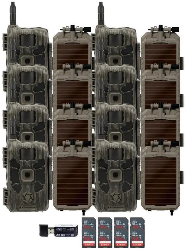 Main image of Stealth Cam 40MP Deceptor Max Cellular Trail Camera with 0.4-Second Trigger Speed (2-Pack) x 4 Bundle with Lithium Solar Power Panel (8-Pack), Card Reader, and 32GB Memory Card (8-Pack) (21 Items)