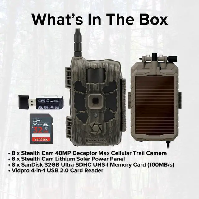 Alt view image 6 of 7 - Stealth Cam 40MP Deceptor Max Cellular Trail Camera with 0.4-Second Trigger Speed (2-Pack) x 4 Bundle with Lithium Solar Power Panel (8-Pack), Card Reader, and 32GB Memory Card (8-Pack) (21 Items)