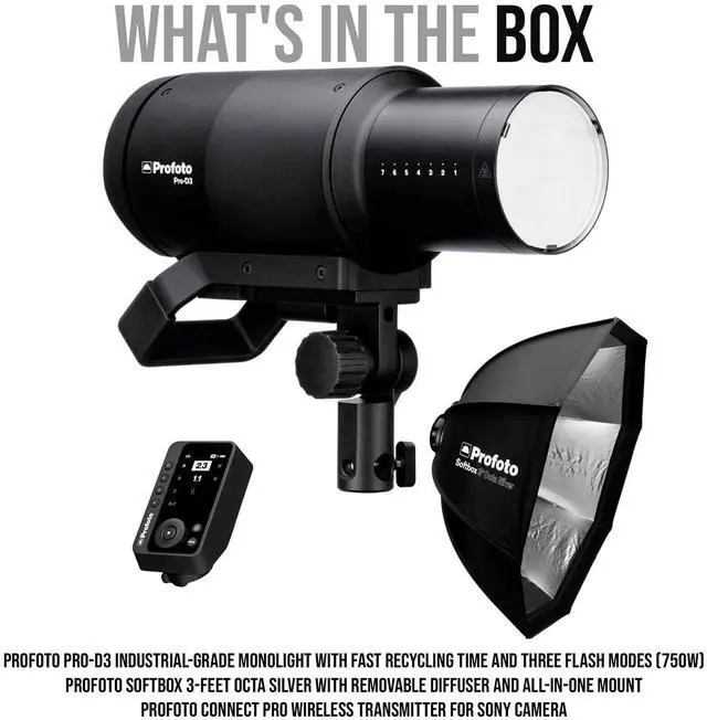 Alt view image 7 of 7 - Profoto Pro-D3 750W Industrial-Grade Monolight Bundle with Profoto Softbox 3-Feet Octa (Silver) and Profoto Connect Pro Wireless Transmitter for Camera (3 Items)