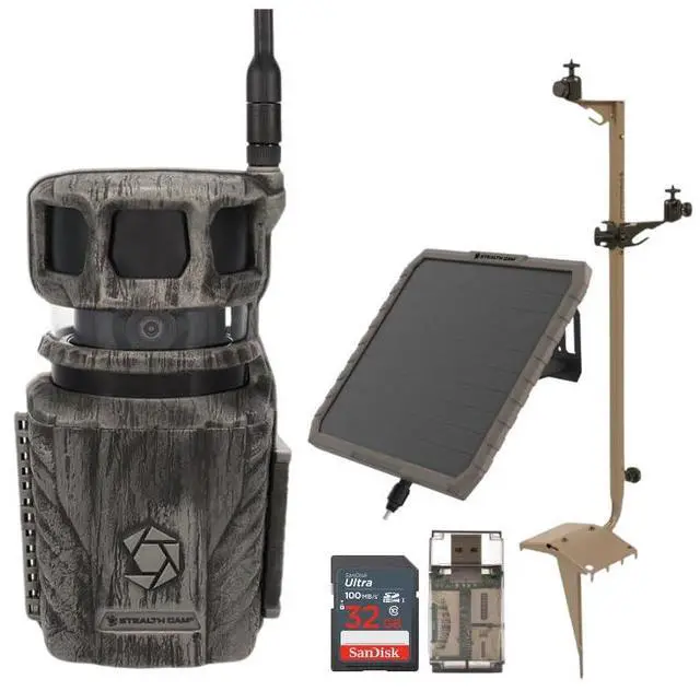 Main image of Stealth Cam Revolver 36MP Pro 360 Degree Cellular Trail Camera Bundle with Mounting Post, Solar Battery, 32GB Memory Card (4 Items)